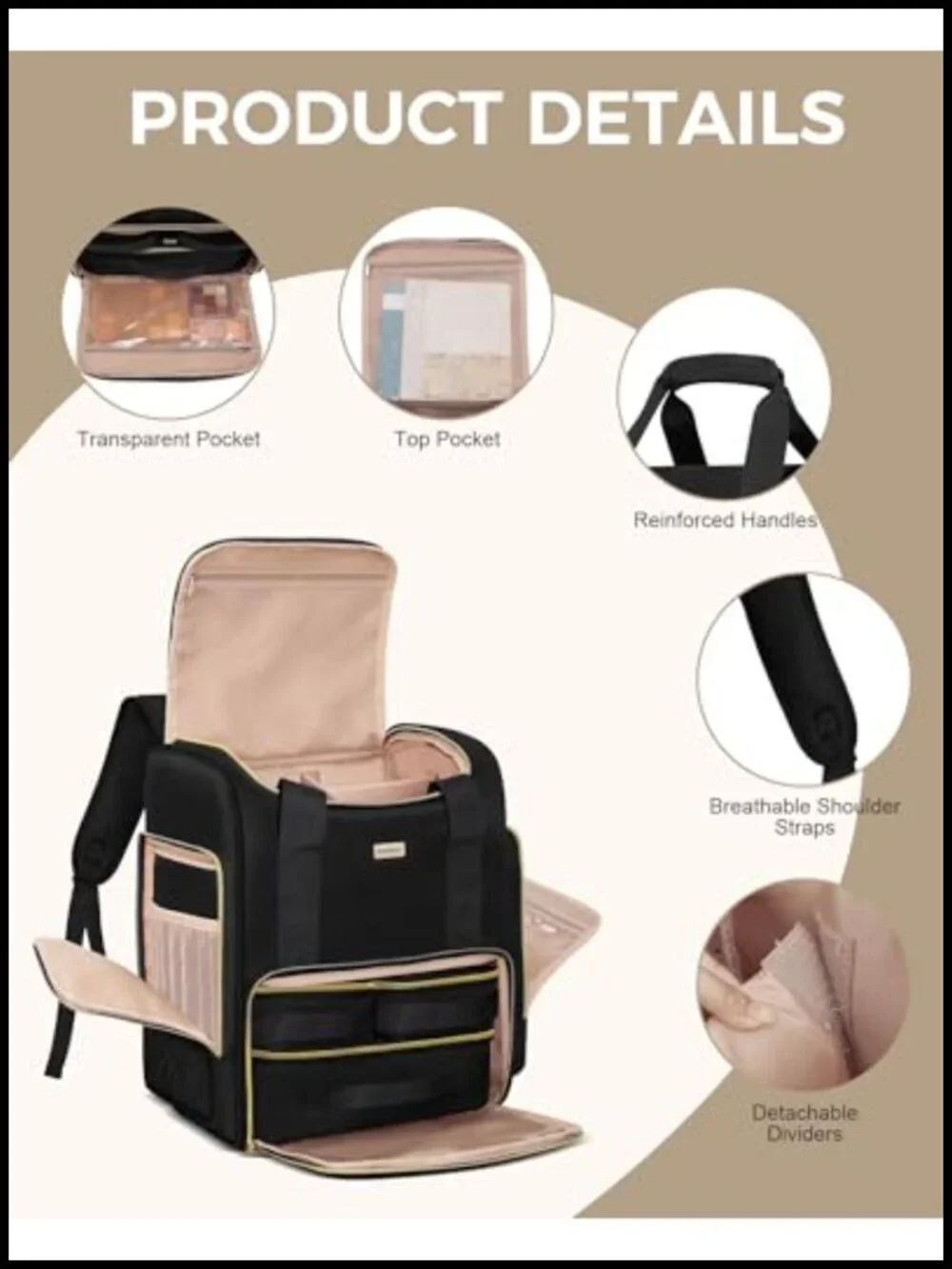 Large Travel Makeup Bag with 2 Removable Cases, Double-Layer Cosmetic